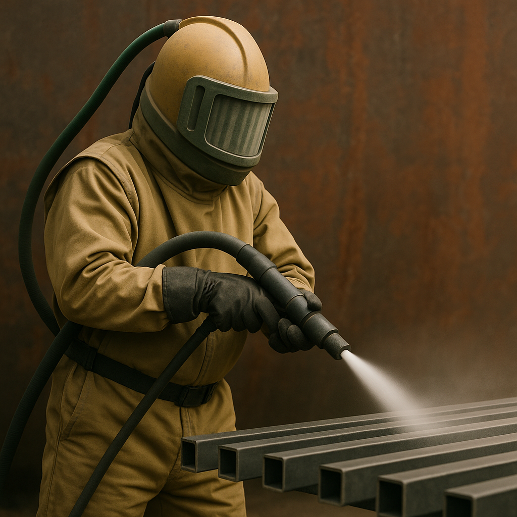 Operario realizando sandblasting sobre perfiles metálicos