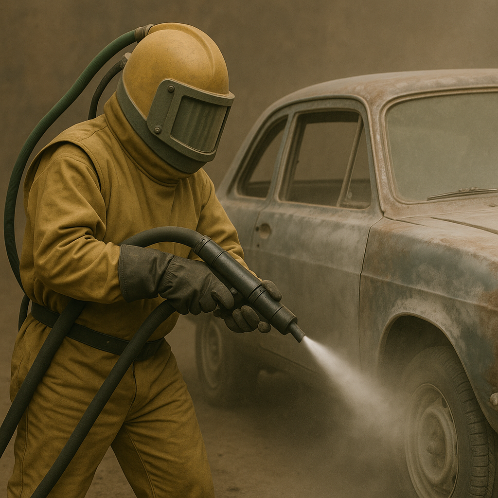 Sandblasting sobre carrocería de un vehículo clásico